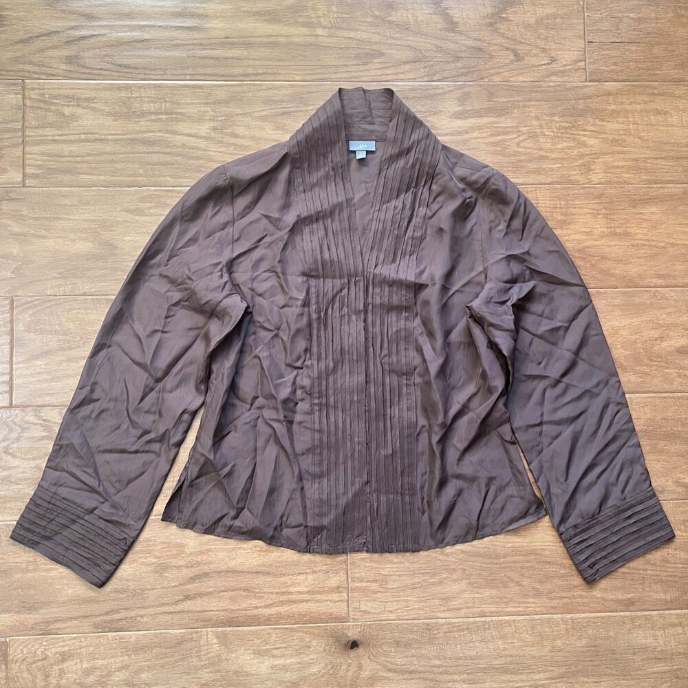 J.Jill Silk Blouse Size M Brown Long Sleeve Snap Front Pintucked